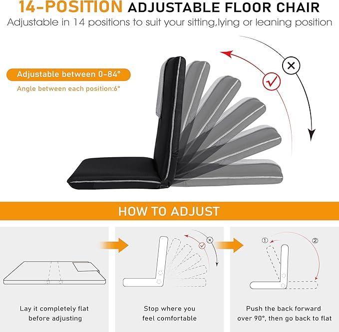 Floor Chair with Back Support 14-Position Adjustable Floor Chair Portable Ground Seating for Adults & Kids Foldable Meditation Seat with Japanese KOYO Bearings & Washable Linen Cover (Black)