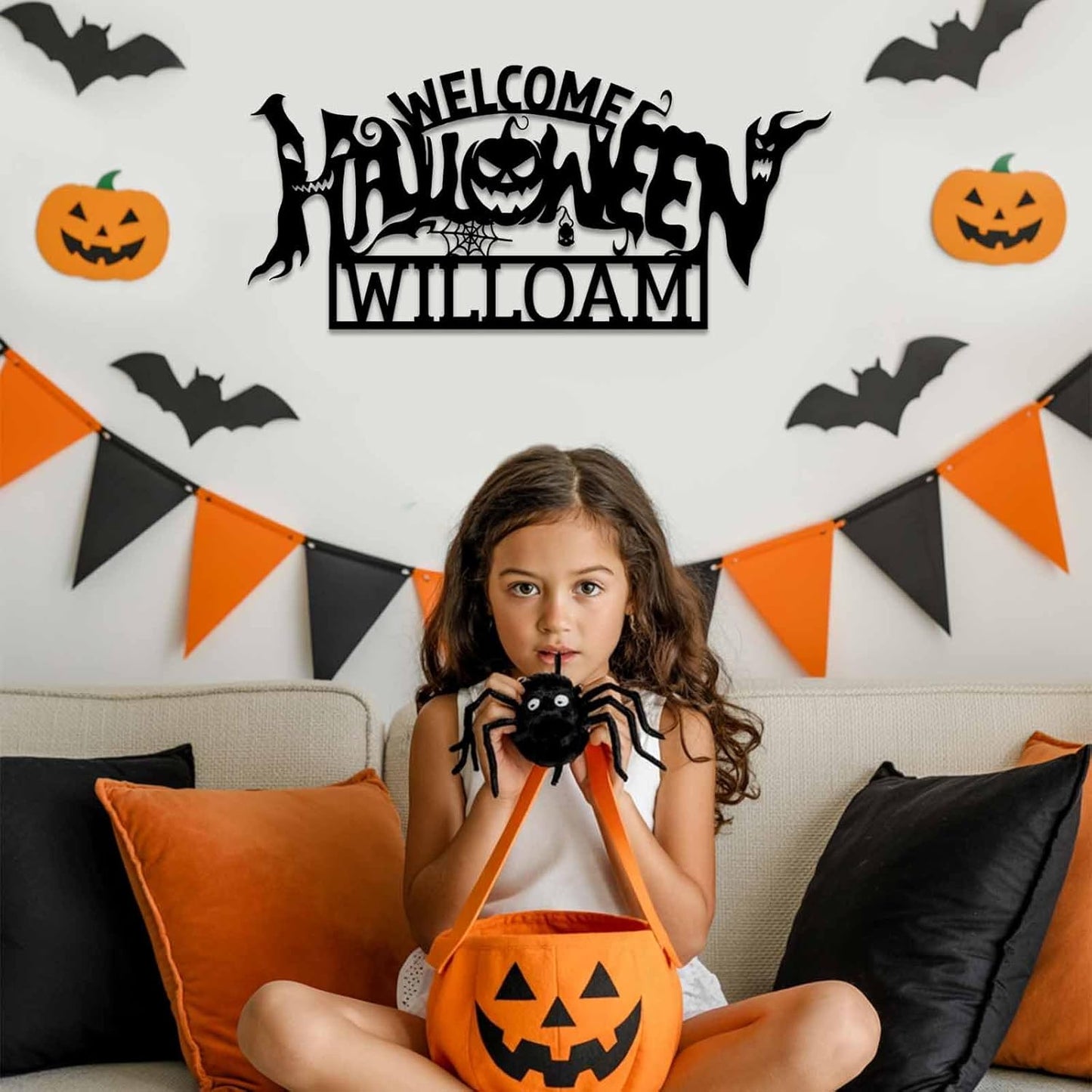 Custom Halloween Family Name Metal Signs, Personalzied Halloween Metal Wall Art with Bats Pumpkins Skull Ghost Spider, Scary Party Decorations, Gothic Home Decor for Home Welcome Sign