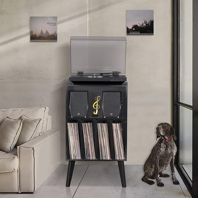 Lerliuo Record Player Stand, Black Turntable Stand Holds up to 160 Albums, Mid-Century Vinyl Storage Cabinet Table with Solid Wood Legs, Record Player Holder Dispaly Shelf for Bedroom Living Room