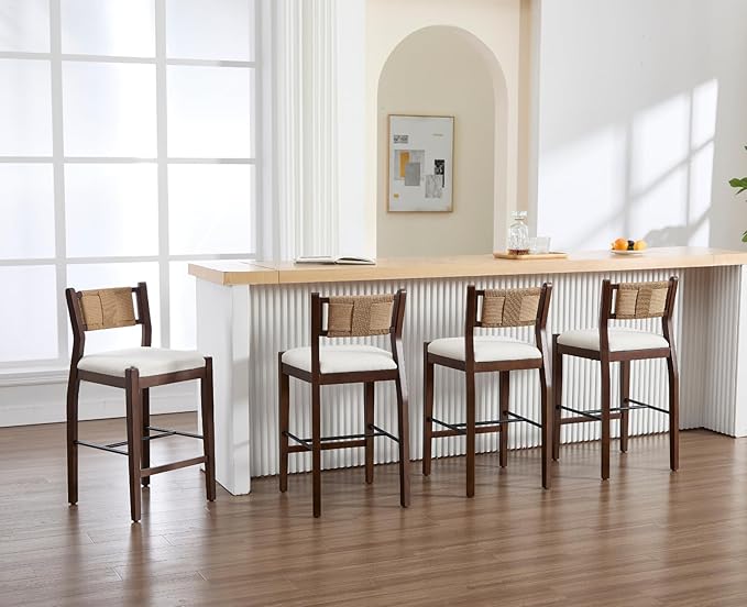 CIMOTA Rattan Counter Height Bar Stools Set of 4, 26" Boho Barstools with Woven Backs, Mid Century Walnut Wood Bar Stool Chairs Sherpa Upholstered Counter Stools for Kitchen Island/Counter/Bar,White