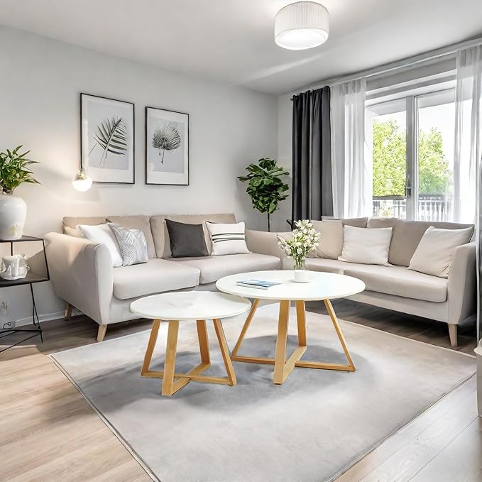 Wood Round Coffee Table, White 28in+16in Double Circular Coffee Table for Living Room with Cross Wooden Leg,Small Modern Circle Coffee Side Table (Extra Large(diameter31.5+19.7"))