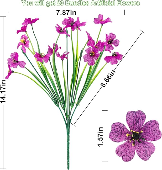 20 Bundles Artificial Flowers for Outdoors or Indoor Garden Home Decoration,No Fade Fake Flowers Faux Plants for Decoration Hanging Planters,Porch Window Box Garden Wedding Farmhouse Fake Plants