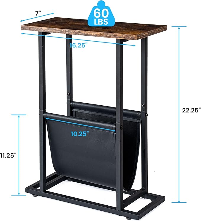 Narrow Side Table with PU Leather Magazine Holder Rustic Slim Little Thin Table for Living Room, Bedroom, Sofa, Rustic Brown