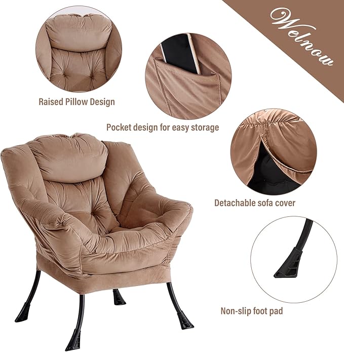 Welnow Lazy Chair with Ottoman, Modern Lounge Accent Chair with Armrests and a Side Pocket, Leisure Sofa Chair Set, Reading Chair with Footrest for Small Space, Corner Chair, Dark Brown