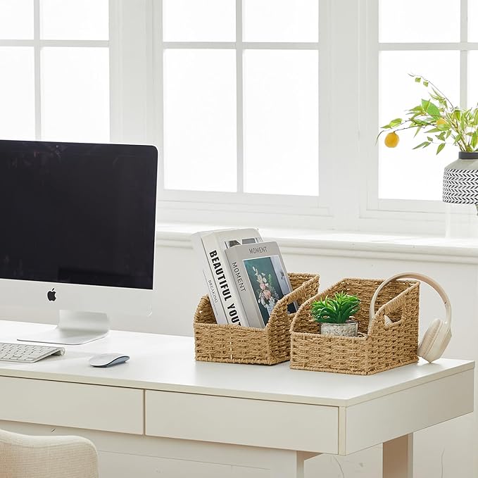 Wicker Baskets for Organizing,Pantry, Kitchen Counter with Handles, Handwoven Woven Storage Baskets for Fruit, Bread, Vegetable, Paper Storage Bins for Shelves, 3 Pack, Natural