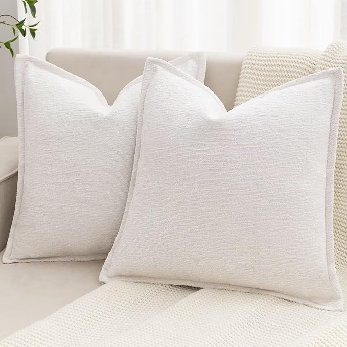 Cream White Decorative Throw Pillow Covers 18x18 Inch Set of 2 Cozy Soild Chenille Cushion Cases Soft Textured Square Couch Pillows Cover Boho Accent Farmhouse Pillowcases for Sofa Bed