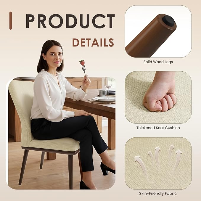 Modern Dining Chairs Set of 4, Upholstered Kitchen Chairs with High Back, Padded Fabric Dining Room Chair with Solid Wood Legs for Restaurant/Cafe/Home, Beige