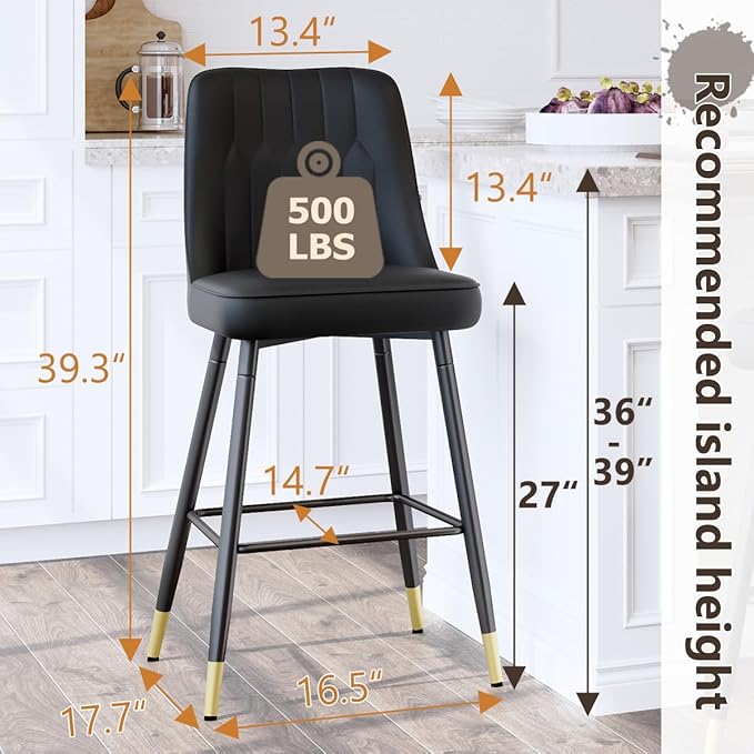 Bar Stools Set of 2,Counter Height Bar Stools with Back,Modern Faux Leather Kitchen Stools,27"Black Barstools with Stable Metal Leg,Armless Counter Height Chair for Kitchen Island,Coffee Corner