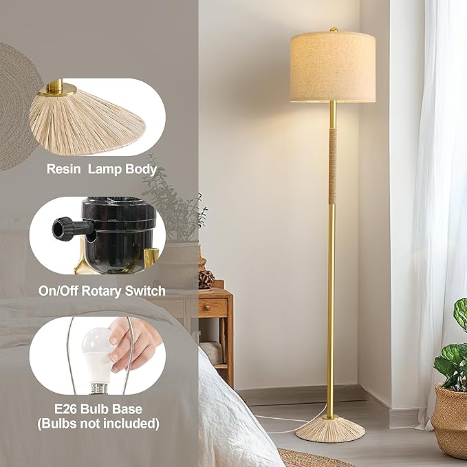 Oneach 63” Modern Floor Lamp for Living Room, Gold Boho Standing Lamp with Unique Rope Design, Rotary Switch, Farmhouse Tall Lamps for Bedroom Office Dining Room (Without Bulb)