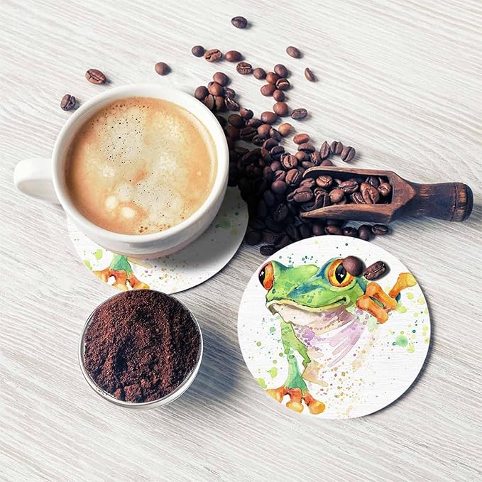 Cute Frog Coasters for Coffee Table Watercolor Funny Wild Animal Splash Stain Smile Pet Sketch Classic Housewarming Presents for Women Men Home Decor Office Kitchen Living Room 2 Pcs
