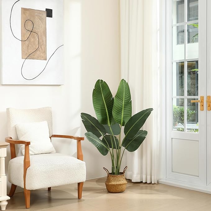 Artificial Bird of Paradise Plants 4 Ft Fake Tropical Palm Tree with 8 Trunks in Pot and Woven Seagrass Belly Basket Perfect Faux Plant for Home Indoor Outdoor Office Modern Decor Green 2Pc