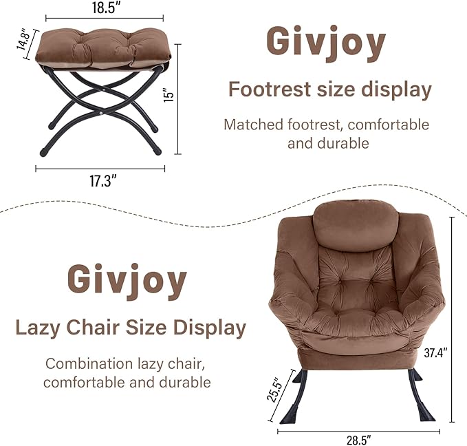 Cozy Lazy Chair and Ottoman, Large Contemporary Accent Lounge Chair Set, Leisure Upholstered Reading Armchair for Bedroom, Living Room, Dorm Rooms, Office