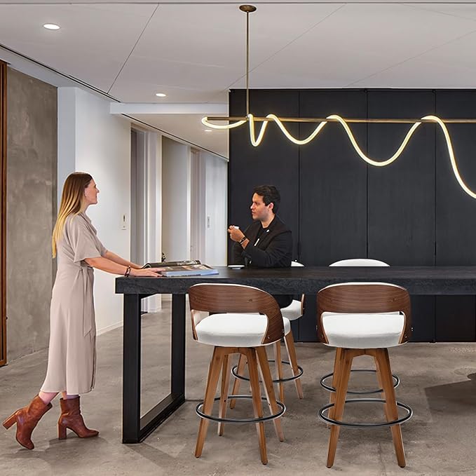 Barstools Set of 2,Counter Height Bar Stools for Kitchen Island,26.8 Inch Modern Upholstered Bar Chair, Swivel Counter Stools with Wood Back and Bamboo Legs (Beige-Fabric)