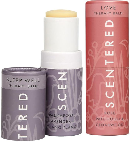 Scentered Aromatherapy Balm Stick Duo for Sleep & Emotional Balance - Roll On Essential Oil Blends of Rose, Lavender, Ylang Ylang - Aromatherapy Gifts for Women - Sleep Well & Love