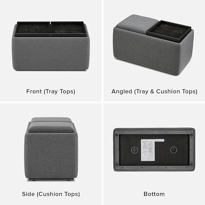 mopio Levi Storage Bench with Reversible Tray, Modern Storage Coffee Table, Bedroom Bench, Rectangular Cube Upholstered Coffee Table Ottoman for Living Room, Bedroom, Entryway (Fabric, Dark Gray)