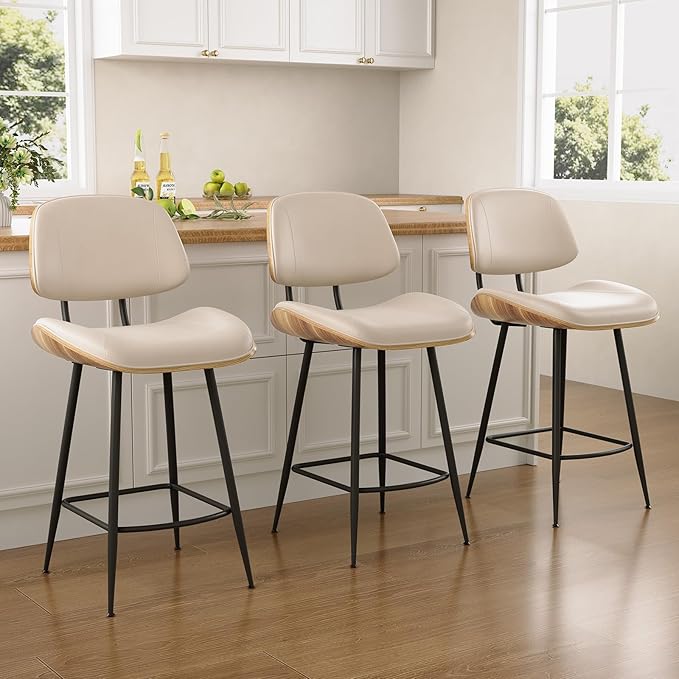 Mid Century Modern Bar Stools Set of 3, PU Leather Counter Height Stools with Walnut Bentwood Back & Metal Legs, 26.7" Barstools Kitchen Island Chairs with Footrest for Home Bars, Beige