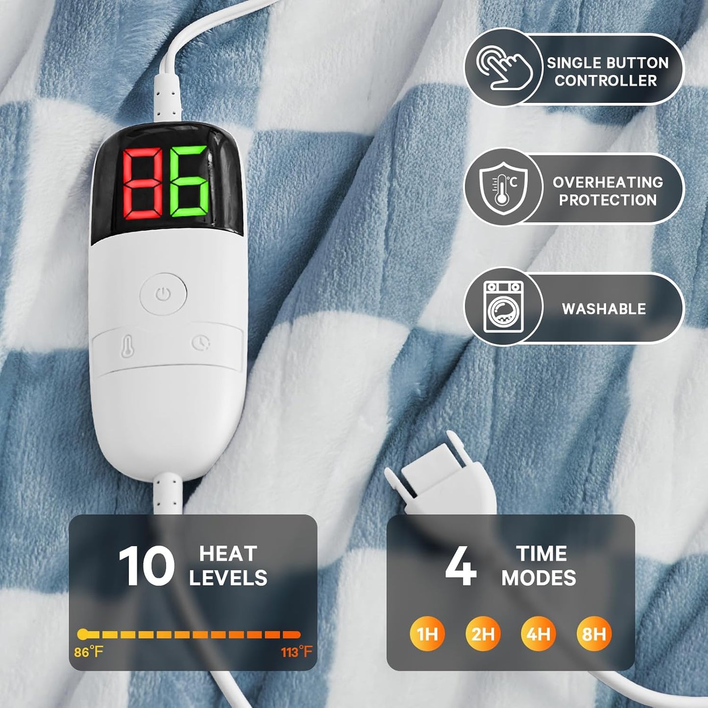 Heated Electric Blanket Twin Size, 62X84 Heating Blanket with 10 Heat Level & 8 Hours Auto Off, Misty Blue Checkered Plaid Soft Fleece Sherpa Blankets Warmer Gifts for Couch Grandma Women Adults, ETL