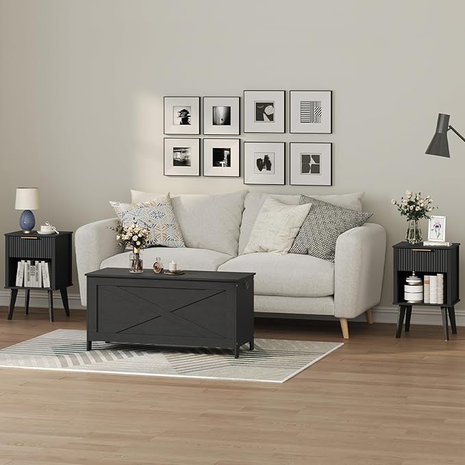 End Table, Fluted Night Stand, Modern Side Table, Bedside Table with 1 Drawer and 1 Open Compartment, Mid Century Nightstand, for Living Room, Bedroom, Study, Office, Black ETBK6201