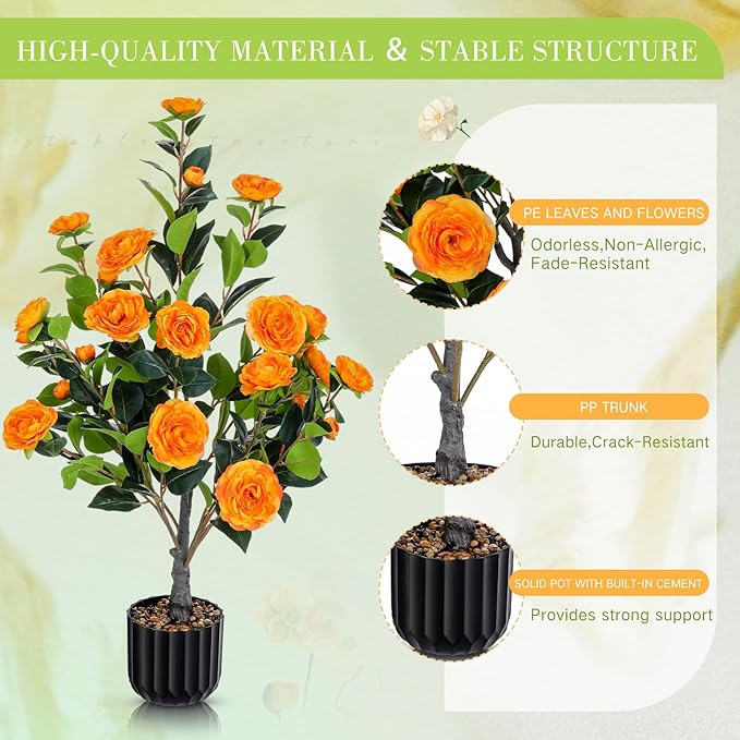 Jexine 2 Pack 36" Artificial Tree with Camellia, Fake Tree with 24 Blooming Flowers, Flower Plants Tree Faux Floral Plant Tree in Cement Pot for Indoor Outdoor Office Home Porch Decor (Orange, 36")
