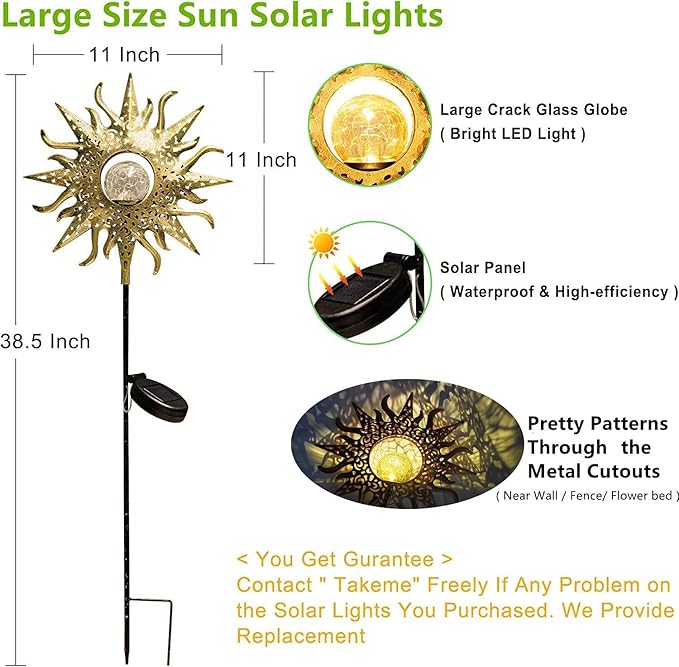 TAKE ME Sun Solar Lights Outdoor Waterproof Metal Garden Stakes for Patio Yard Walkway LawnPatio Mothers Day Gifts Mom Wife Grandma (Sun)