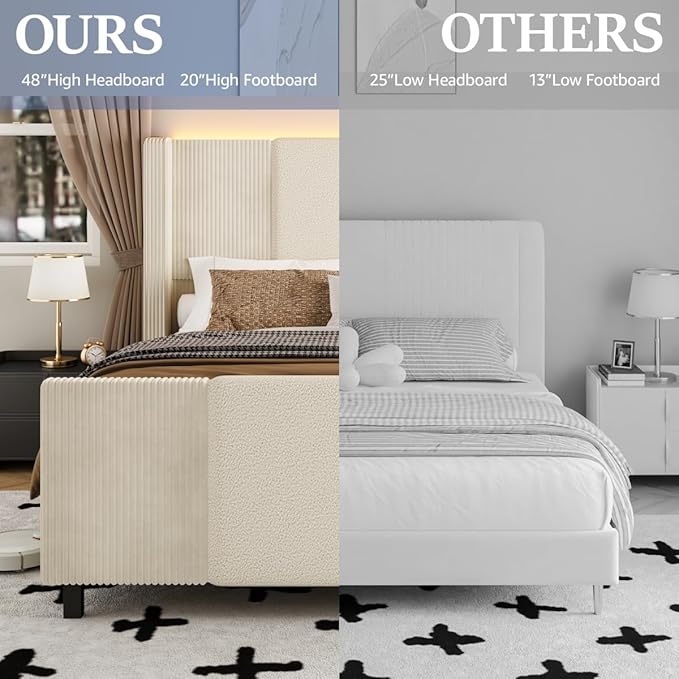 Queen Size Bed Frame with Tall Headboard and Footboard, Boucle and Corduroy Upholstered Bed Frame Queen with LED Lights, Modern Platform Bed Frames, Noiseless, Easy Assembly, Beige