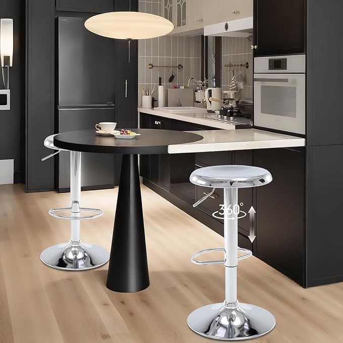 Bar Stools - 2 Pack, Adjustable Swivel Height Counter Bar Stool, Modern Metal Barstools, Backless Barstool for Bar, Kitchen Island, Pub, Silver