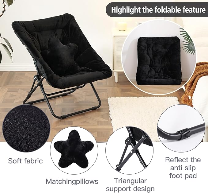 Welnow Comfy Saucer Chair, Oversized Folding Reading Chair for Adults with Throw Pillow Soft Faux Fur Lounge Chair for Bedroom Furry Accent Chair for Living Room, Dorm Rooms, Black