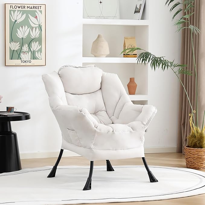 Welnow Lazy Chair for Living Room, Modern Reading Lounge Accent Chair with Armrests and a Side Pocket, Leisure Upholstered Lazy Sofa for Small Space, Bedroom, Dorm, Beige