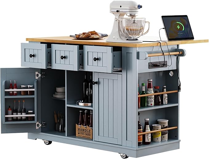 Merax 53" Upgraded Kitchen Cart Island on Wheels with Power Outlet,Drop Leaf,3 Drawers and 5 Open Side Racks,Wood Rolling Storage Cabinet