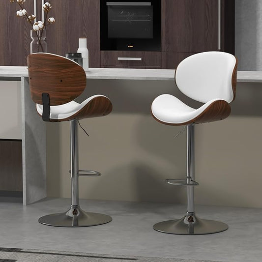 civama Bar Stools Set of 2 for Kitchen Counter, Adjustable Bar Height Chairs, Modern Swivel Barstools with Bentwood Seat and Back with Footrest, for Kitchen Island, Dining Room, White PU Leather
