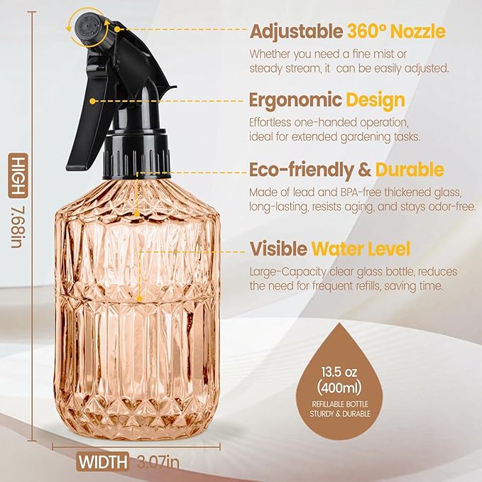 Glass Plant Spray Bottle, 13.5 oz small plant mister, Leak Proof Fine Mist Watering can with Adjustable Nozzle for Indoor Plants Lover, Gardening, Hair, Cleaning Solutions (Orange)