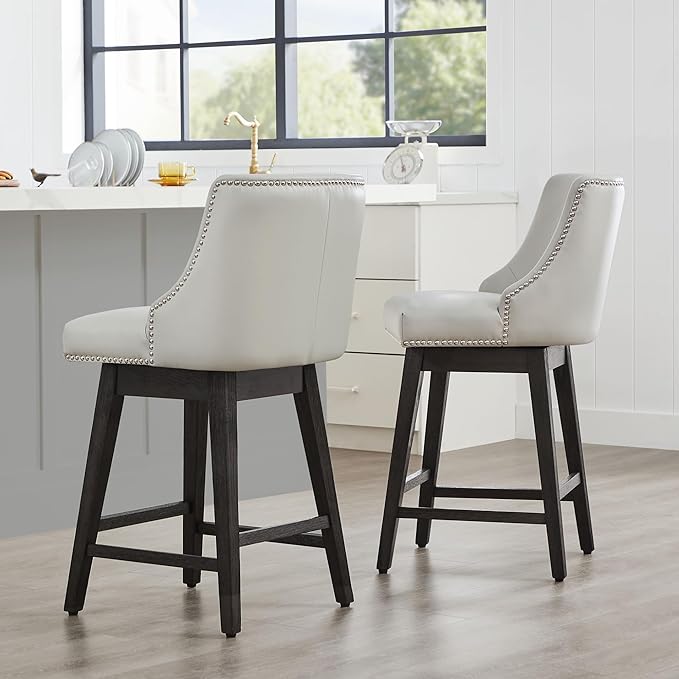 CHITA Counter Height Swivel Bar Stools Set of 2, FSC Certified Upholstered Counter Stools, Modern Swivel Barstools with Wood Legs for Kitchen Island, 26" Seat Height, Faux Leather in Creamy Grey