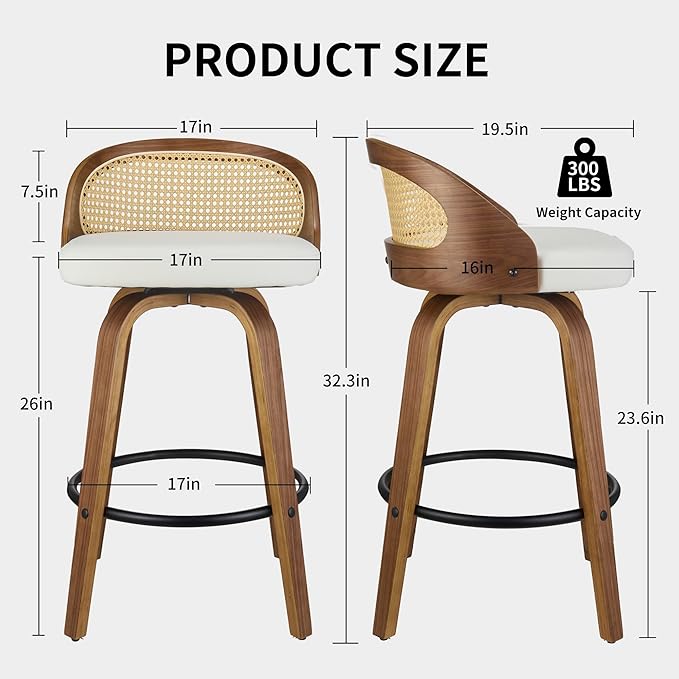 26 inch Swivel Bar Stools with Back, Set of 2 Mid-Century Modern Walnut Barstools, White PU Leather Bar Chairs with Footrest for Kitchen Island, Dining Room, Home Bar