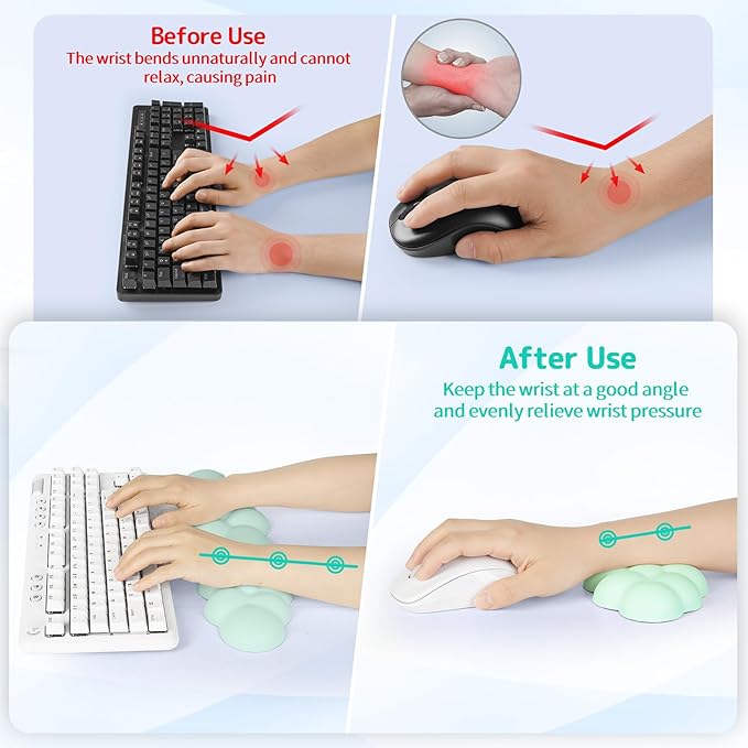 Cloud Wrist Rest Keyboard, Cloud Keyboard Wrist Pad Set with PU Leather Memory Foam, Cute Arm Rest for Palm Support, PC/Gaming Desk Accessories/Office Setup/Computer Hand Cushion - Light Green