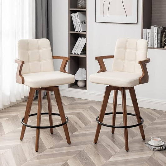 30” Bar Height Bar Stools,Leather Upholstered Bar Chair, Swivel Bar Stools with Back and Arms，Modern Beige Barstool Set of 2 for Kitchen Island