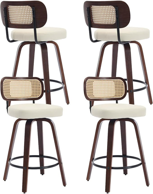 Swivel Counter Height Bar Stools Set of 4, 26 inch Bar Chairs with Curved Rattan Back, Upholstered PU Leather, Walnut Craftsmanship, Mid Century Modern Counter Stools for Kitchen Counter, Beige