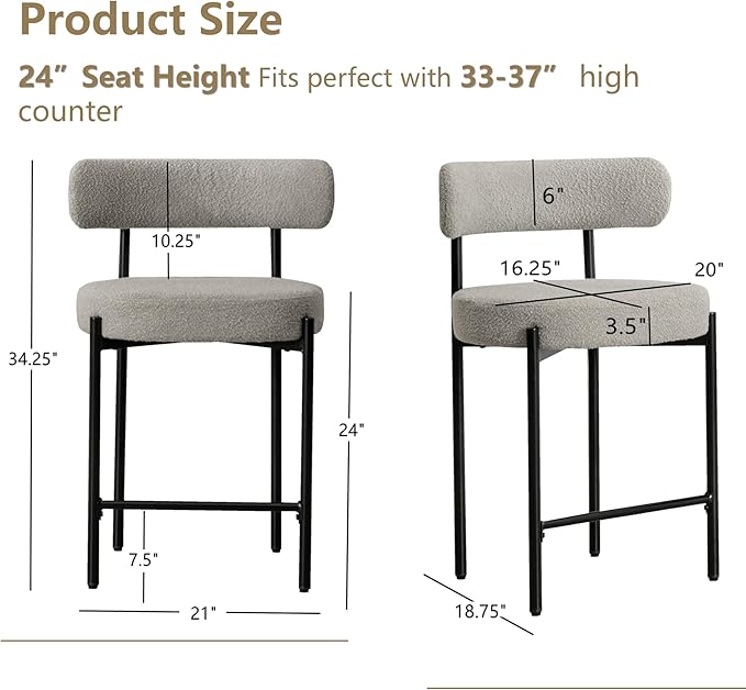 24'' Boucle Bar Stools Set of 2, Grey Bar Stools with Backs, Counter Height Bar Height Stools for Kitchen Island, Upholstered Bar Chairs