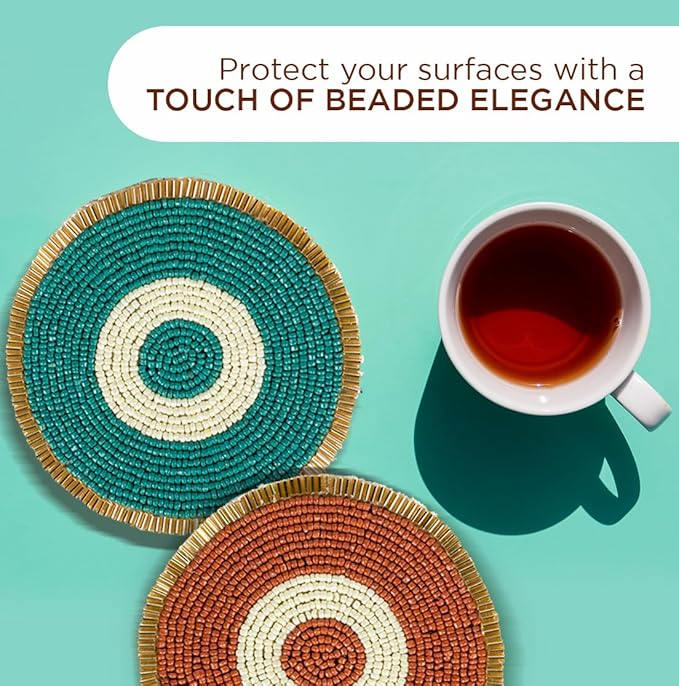 Folkulture Fall Beaded Coasters for Drinks | Set of 4 (4") Round Decorative Bar Coasters for Table Décorations | Cute Boho Coaster Set for Cocktail | Modern Coaster for Coffee Table | Evil Eye Decor