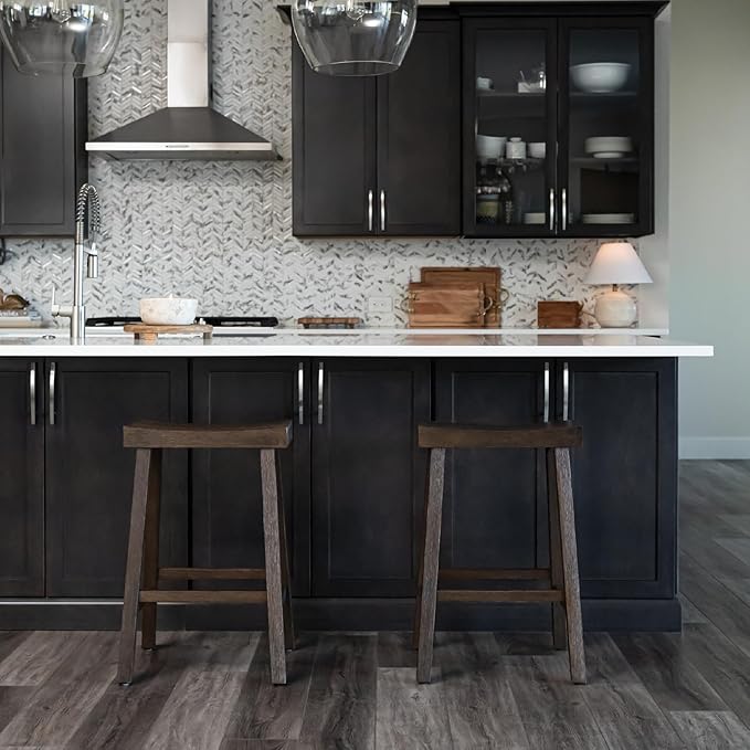 Maven Lane Kitchen Bar Stool, Modern Farmhouse Wood Counter Barstool, Kitchen Island Stool, Counter Height Bar Stools for Kitchen, Wide Seat Backless Bar Stools, Vincent 26", Antiqued Brown, Set of 3