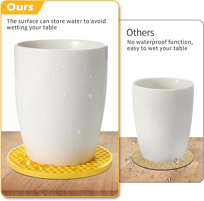 Silicone Coasters Set of 8 with Holder, Drinks Coasters, Beer & Coffee, Suitable for All Cups, Hot or Cold, Anti-Slip, Non-Stick, Anti-Overflow Tabletop Protection and Decor (8 Pcs, Yellow)