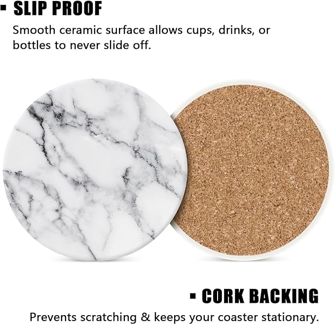 Ceramic Coasters Set of 4 with Holder Round Water Absorbent White Classic Marble Coasters Tabletop Protection,Wine Beer Bar Coasters,Home Decor，4 Inch