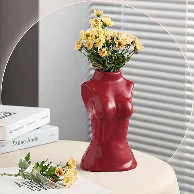 hjn Female Body Vase- Flower Vase fo Decor,Ceramic Vase for Flowers, Red Decor Vases Woman Shape Vase for Living Room/Home Decor Accents/Bookshelf/Mantel-Red