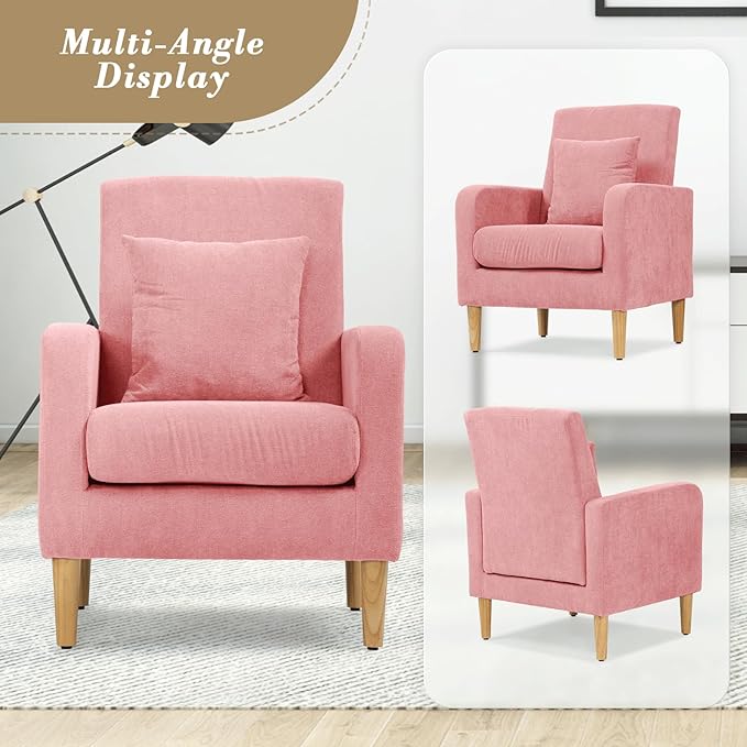 Athena Collection Modern Accent Chair with Cushion, Comfy Upholstered Fabric Reading Chair for Adult, Soft Sofa Armchair for Living Room, Bedroom, Dorm, Pink