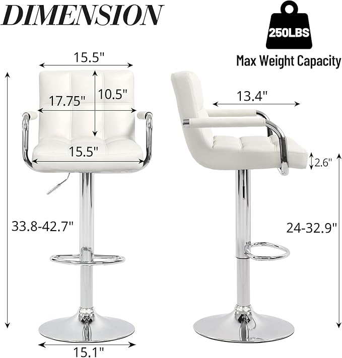 Modern PU Leather Bar Stools Set of 6, Adjustable Swivel Square Bar Chairs, Counter Height Barstools with Arms and Large Base for Island/Kitchen(White)