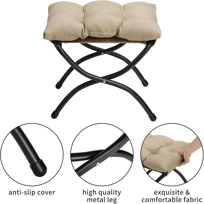 HollyHOME Fabric Lazy Chair with Foldable Ottoman, Accent Comfy Lounge Arm Chair and Folding Footrest Stool Set, Leisure Sofa Reading Chair and Footstool for Living Room, Bedroom, Dorm, Coffee&White