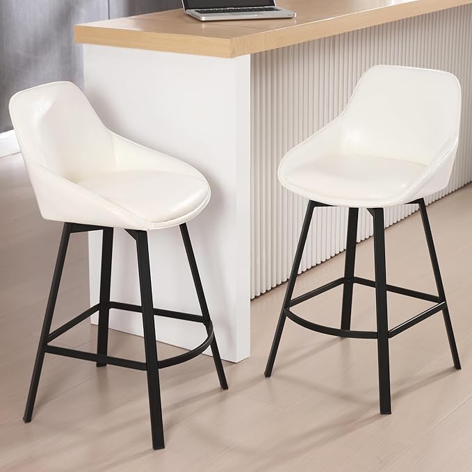 Zesthouse Swivel Counter Height Stools Set of 2, Modern Upholstered Barstools with Backs, 26'' Faux Leather High Chairs for Island Kitchen, Counter Height Chairs with Metal Legs, White