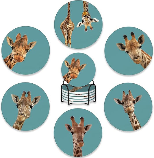 6 Pcs Coasters for Drinks with Holder,Funny Giraffe Absorbent Coaster with Cork Backing,Great Gift for Housewarming,Room Decor,Bar,Holiday Party