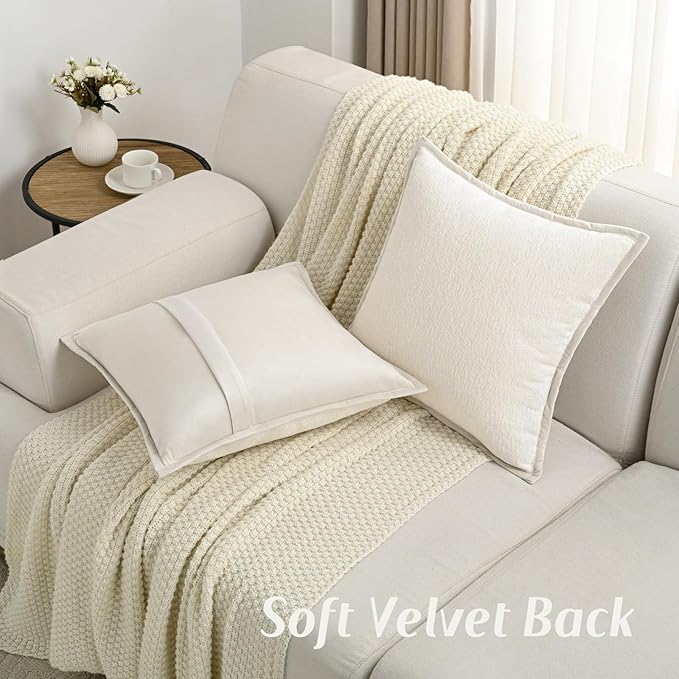 FUTEI Cream White Chenille Throw Pillow Covers 24x24 Inch Set of 2,Soft Cozy Bound Edge Design European Cushion Cover,Home Decor for Couch Bed Living Room