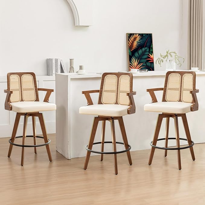 Set of 3 Mid Century Counter Stools - 27 inch Rattan Swivel Counter stools with Curved Back, Walnut Crafts, Upholstered Faux Leather, CounterChairs for Island/Pub/Kitchen (27" Seat Height, Beige)