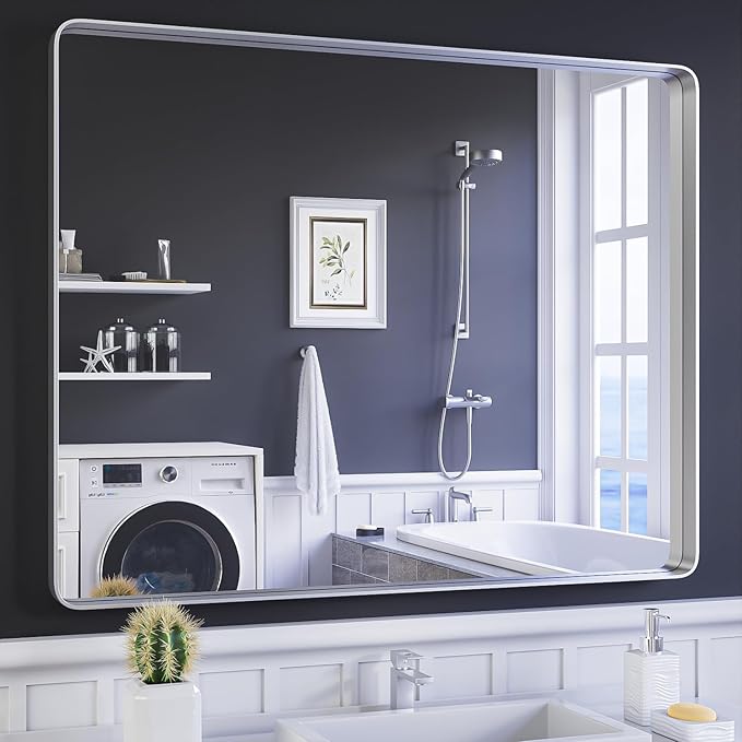 ISKM Silver Framed Mirror for Wal Bathroom Mirror for Wall 48" x 40" Matte Framed Vanity Mirror Anti-Rust, Tempered Glass, Rounded Rectangle Mirror(Horizontal/Vertical)